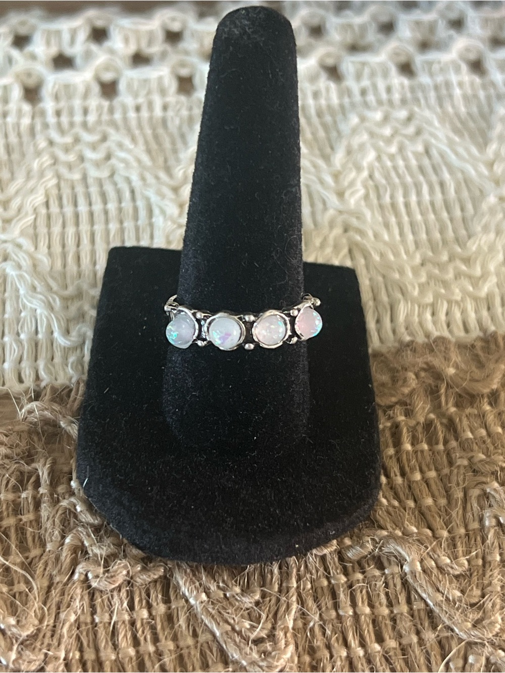 Opal Effect Silver Tone Five-Stone Ring - White Opalescent size 7 30p2